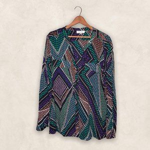 Calvin Klein XL Black Green Purple Bold Geometric Button Down Shirt Top Blouse